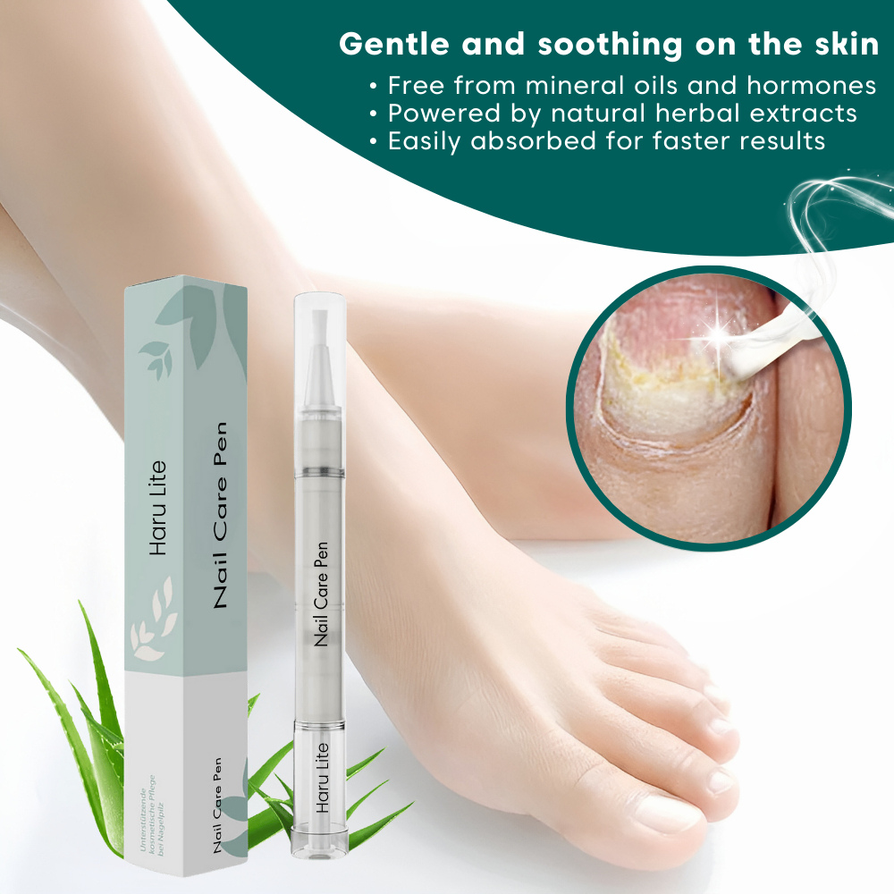 Haru Lite Nail Care Pen with packaging and foot care illustration on a white background