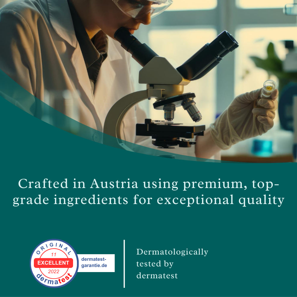 Person in a lab using a microscope with text about product quality and dermatological testing