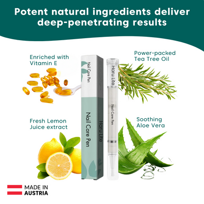 Nail care pen with natural ingredients and text highlighting benefits on a white background

