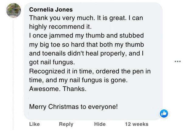 Product review with text about nail fungus treatment, user name 'Cornelia Jones', and social media interface elements.