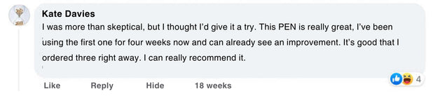 Product review for a pen with a positive feedback from Kate Davies.