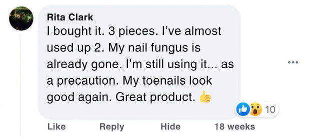 Product review from Rita Clark with text about nail fungus treatment and product effectiveness.