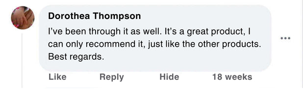 Product review from Dorothea Thompson with text and timestamp on a light gray background