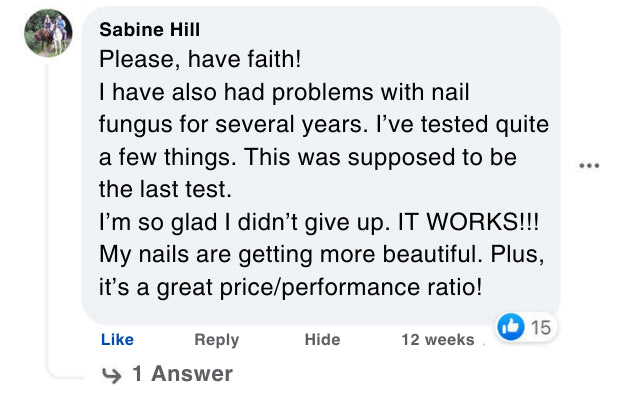 Text message with a positive review of a product for nail fungus treatment, featuring a user named Sabine Hill.